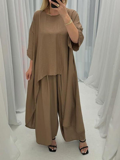 Casual Round Neck Long Cotton and Linen Suit
