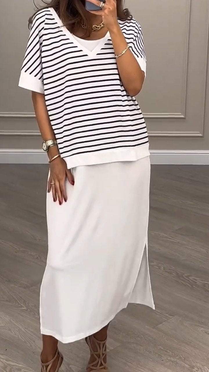 V-neck Short-sleeved Striped T-shirt Two-piece Set