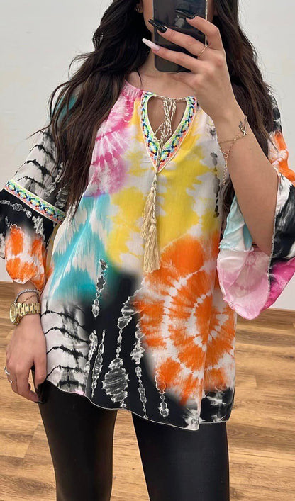 Ethnic Embellished Webbing Tie-dye Shirt