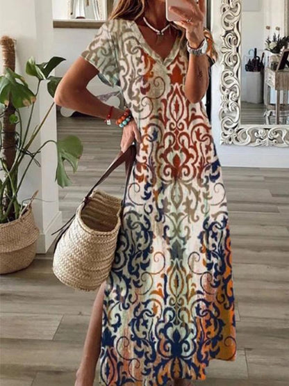 Spring and Summer Casual Slit Fashion Printed Long Skirt