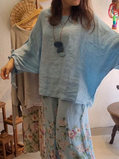 Solid color cotton and linen top + printed pants two-piece set