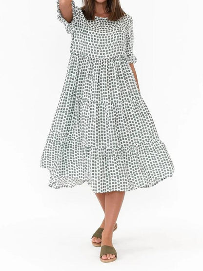 Polka Dots Green Lotus Leaf Sleeves Linen Beach Boho Dress