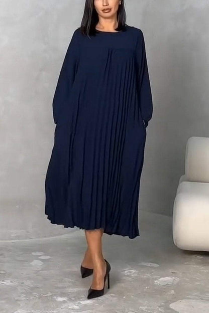 Women's Casual Round Neck Pleated Long Sleeve Dress