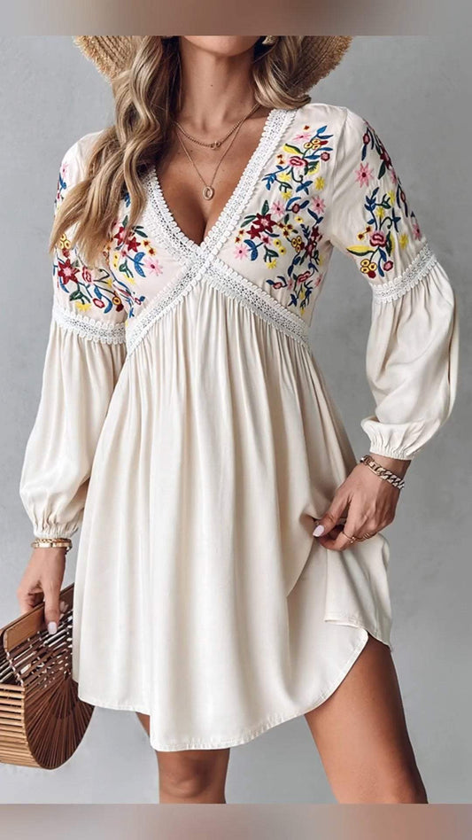 Casual V-neck Printed Patchwork Dress