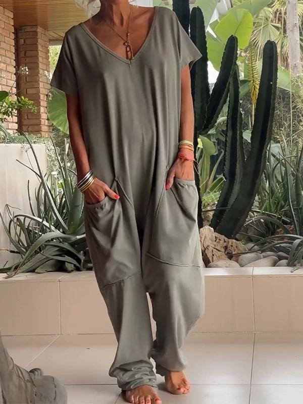 Casual V-neck Solid Color Jumpsuit