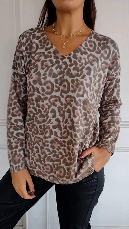 Casual V-neck Leopard Print Long-sleeved Top