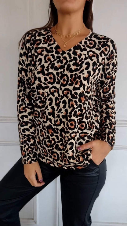 Casual V-neck Leopard Print Long-sleeved Top