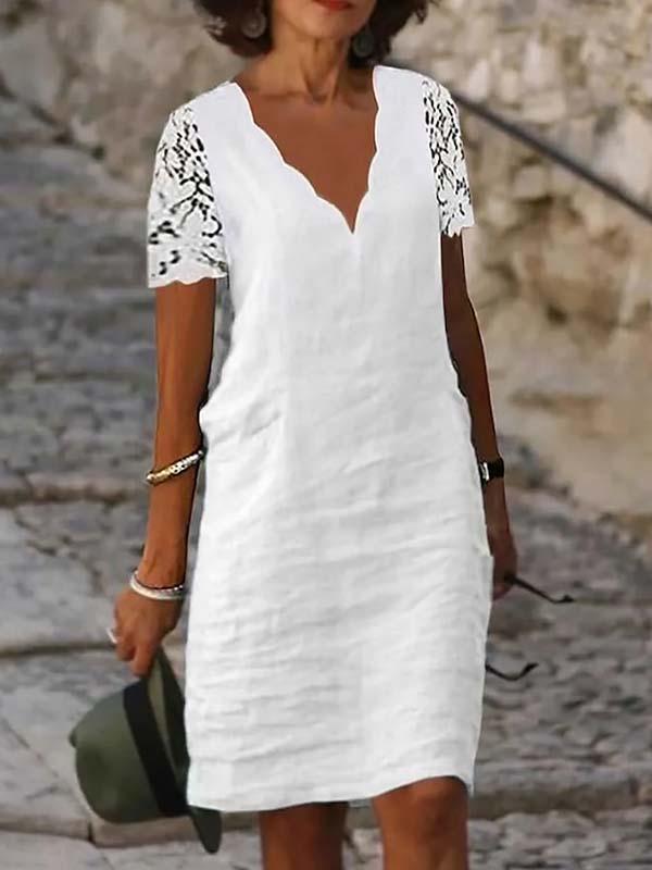 Solid color cotton V-neck lace short-sleeved dress