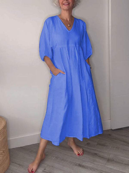 Women's V-neck Solid Color Mid-length Sleeve Dress