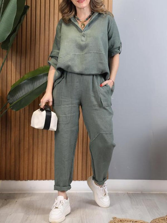 Women's casual shirts, cotton and linen tops and pants two-piece set