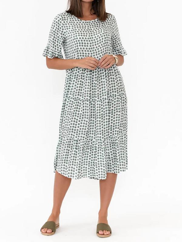 Polka Dots Green Lotus Leaf Sleeves Linen Beach Boho Dress