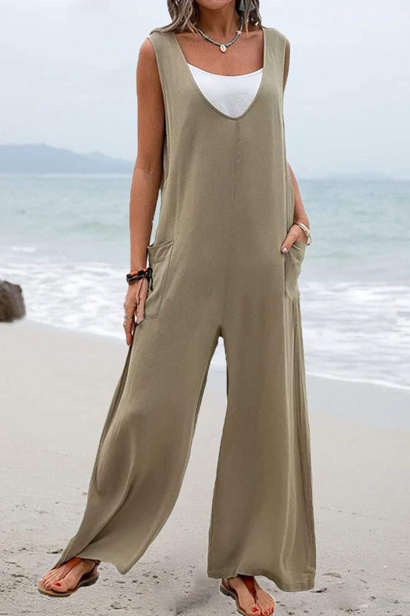 Solid V-Neck Pocket Wide-Leg Jumpsuit