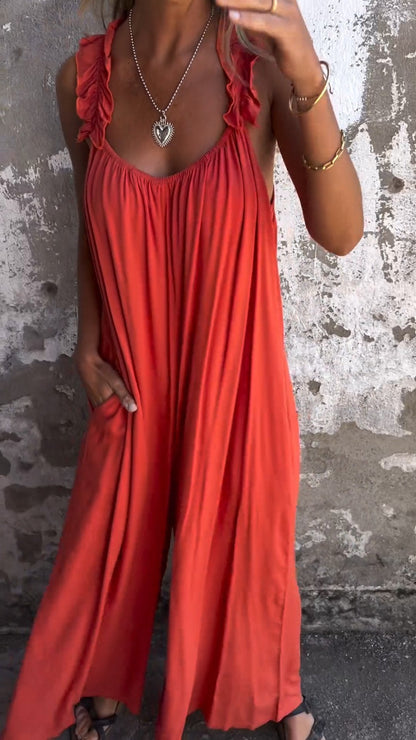 Solid Color V-neck Comfortable Jumpsuit