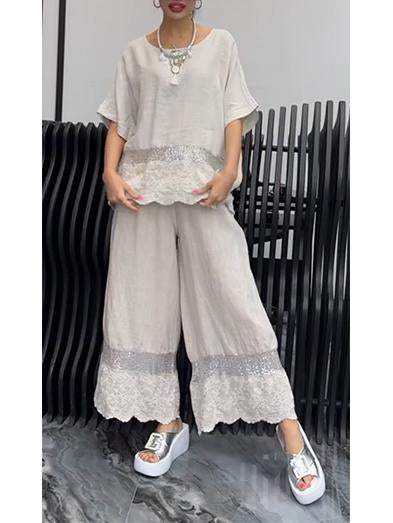 Women's Cotton and Linen Spliced sequined Lace Suit