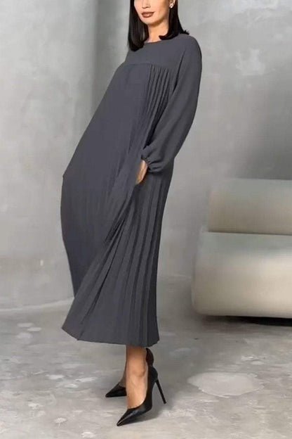 Women's Casual Round Neck Pleated Long Sleeve Dress