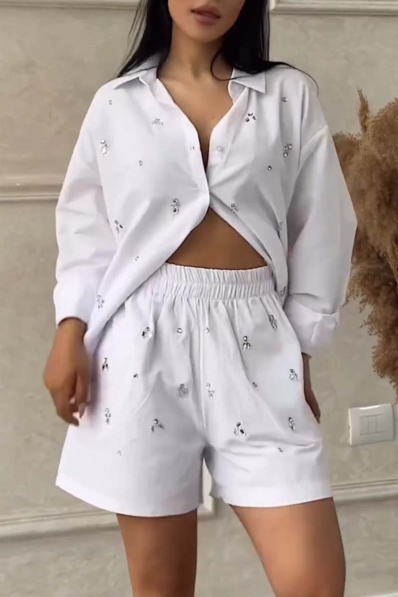 Diamond embellished long sleeved shirt and shorts two-piece set