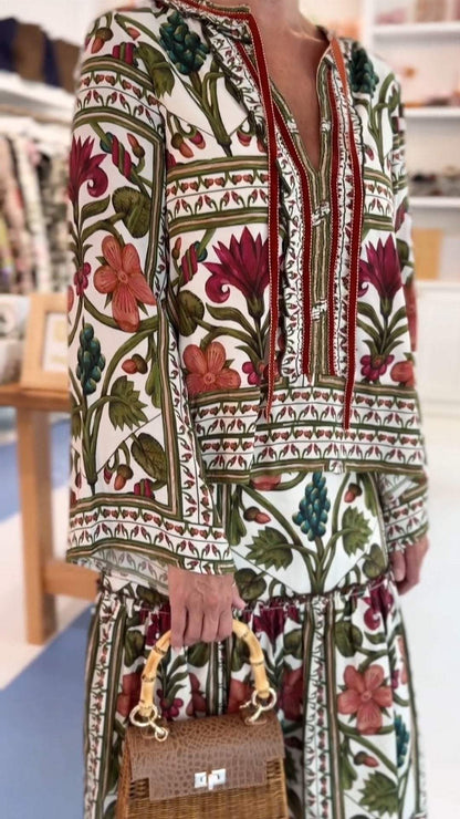 Women's V-neck Long-sleeved Printed Casual Dress Suit