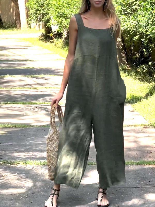 Comfortable solid color cotton and linen jumpsuit