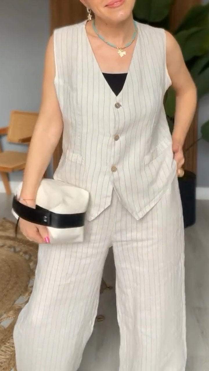 Casual V-neck Striped Two-piece Suit