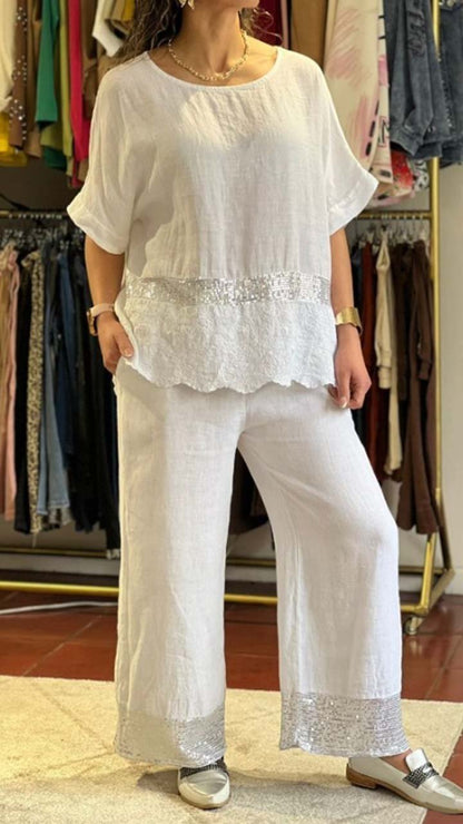 Women's Casual Sequined Cotton and Linen Short-sleeved Trousers Two-piece Suit