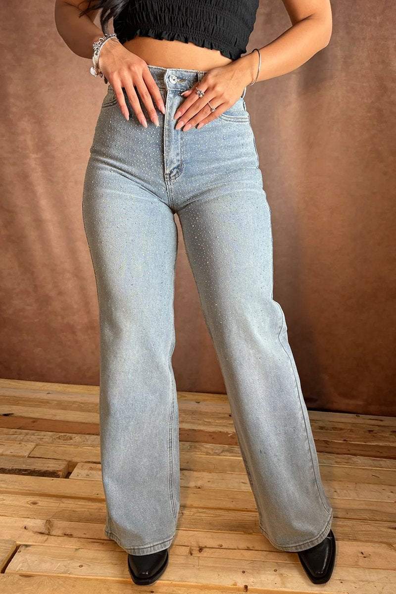 Women's Rhinestone Shiny Flared Wide-leg Casual Jeans