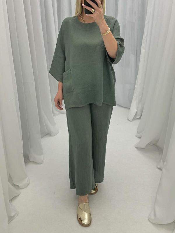 Round Neck Solid Color Mid-sleeve Cotton and Linen Suit