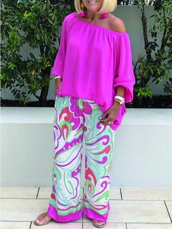 Women's Printed Pants One Shoulder Top Casual Suit