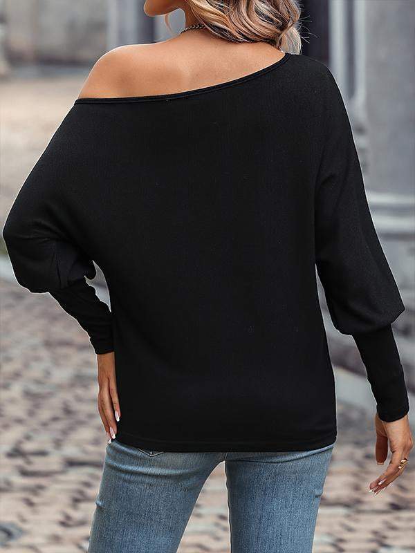 Women's loose slant neck off-shoulder long sleeve T-shirt