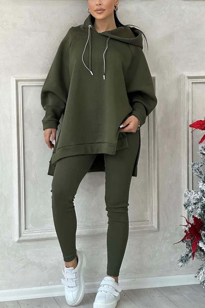 Women's casual solid color slit hem hooded sweatshirt sports suit