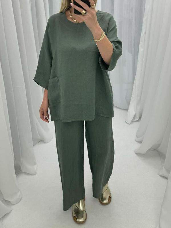 Round Neck Solid Color Mid-sleeve Cotton and Linen Suit