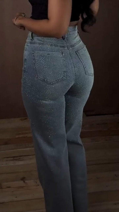 Women's Rhinestone Shiny Flared Wide-leg Casual Jeans