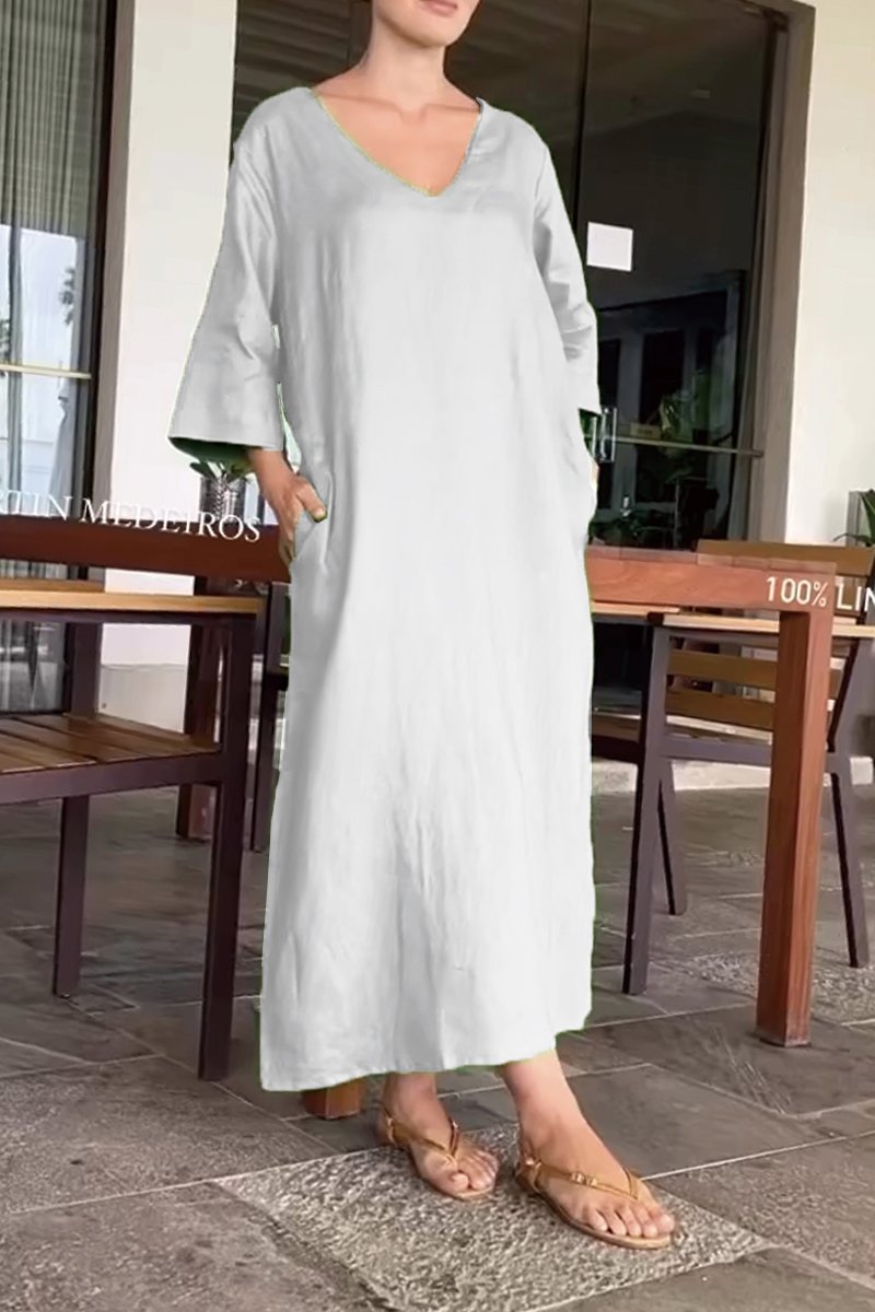 V-neck cotton and linen casual dress