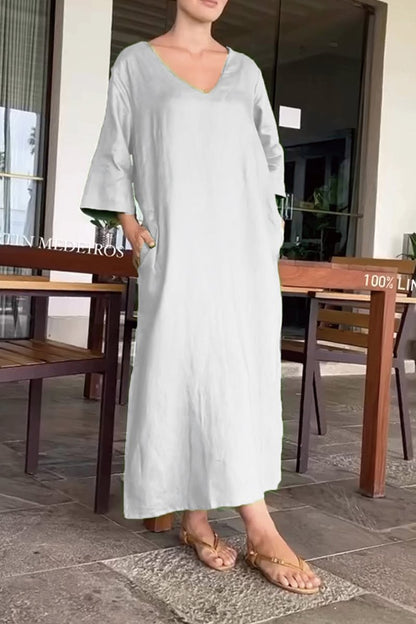 V-neck cotton and linen casual dress