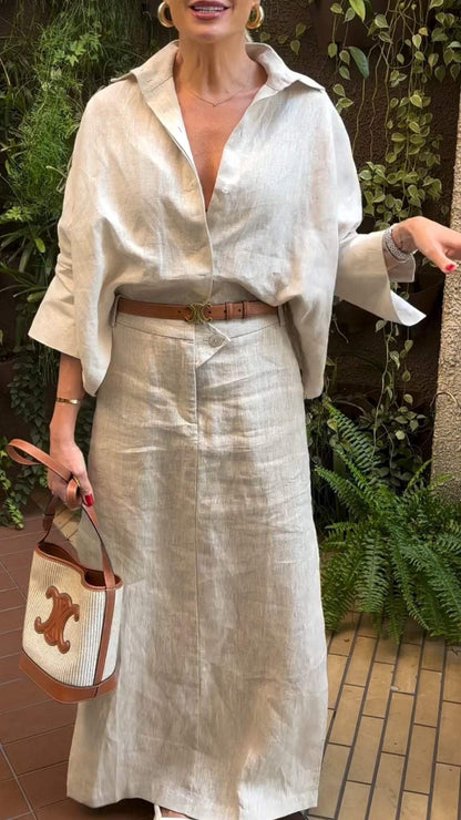 Cotton and Linen Lapel Mid-sleeve Elegant Two-piece Suit