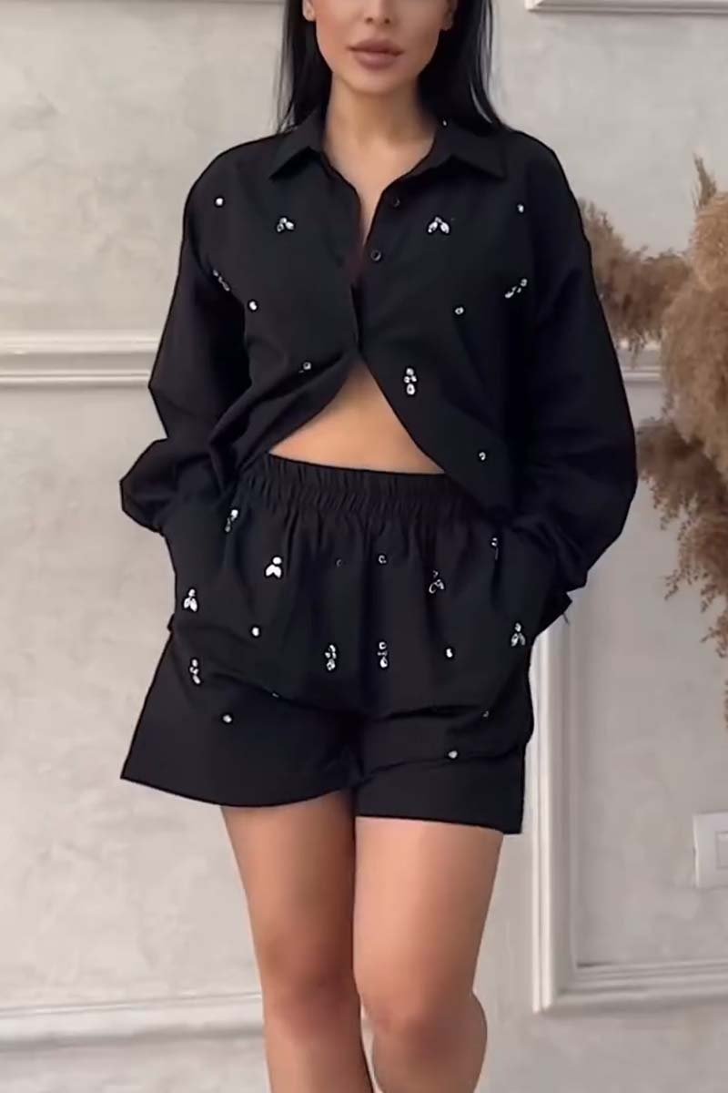 Diamond embellished long sleeved shirt and shorts two-piece set