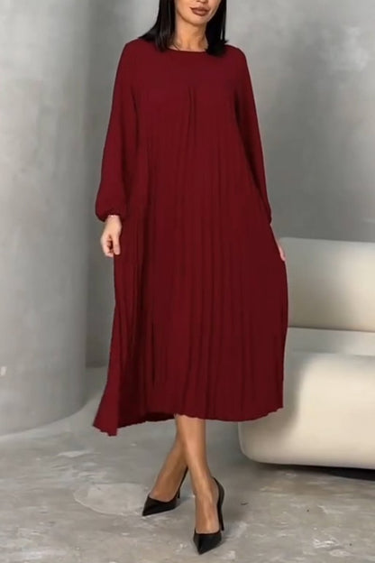 Women's Casual Round Neck Pleated Long Sleeve Dress