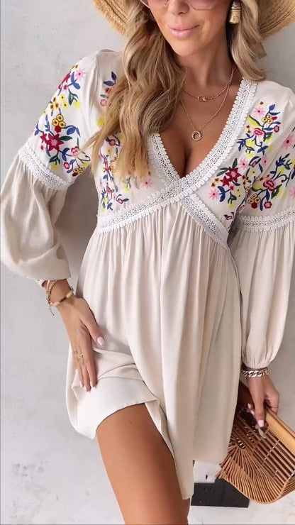 Casual V-neck Printed Patchwork Dress