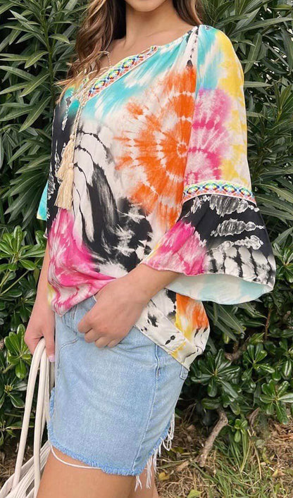 Ethnic Embellished Webbing Tie-dye Shirt