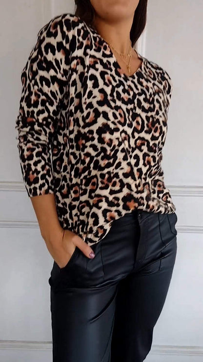 Casual V-neck Leopard Print Long-sleeved Top