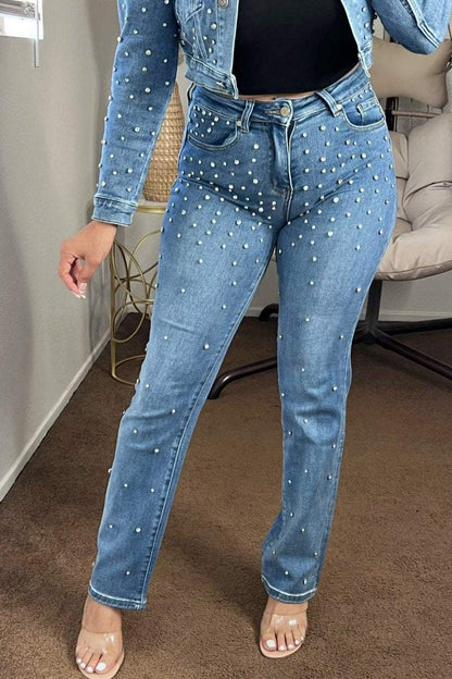 Women's Lapel Rhinestone Shiny Casual Denim Suit