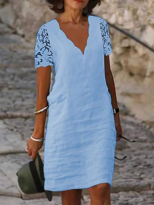 Solid color cotton V-neck lace short-sleeved dress