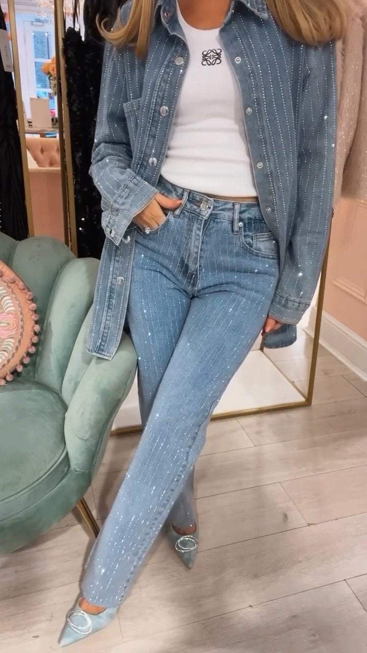 Women's Casual Lapel Shiny Denim Two-piece Suit