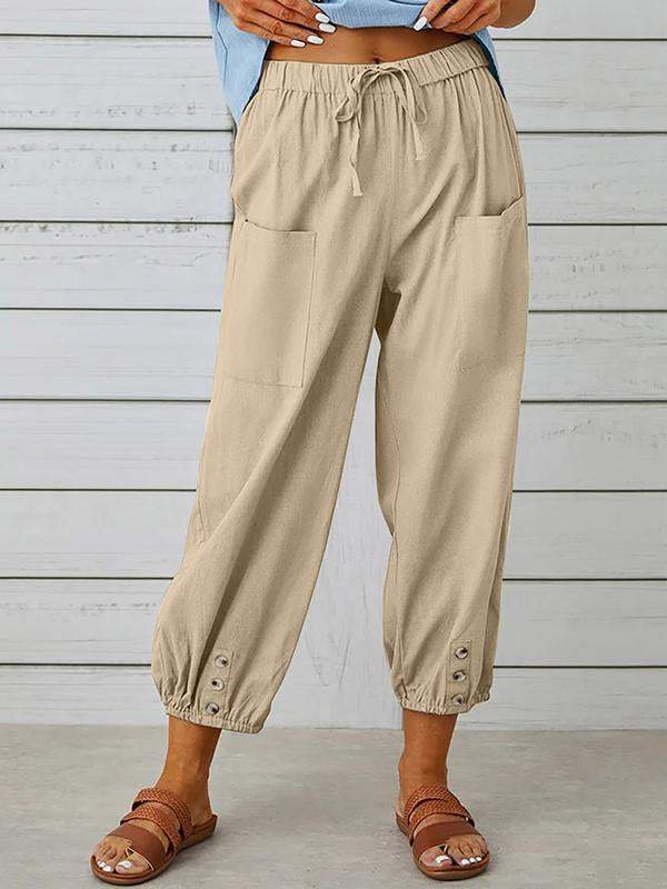 Women's pants High-waisted buttoned cotton hemp pants nine-point pants wide-legged