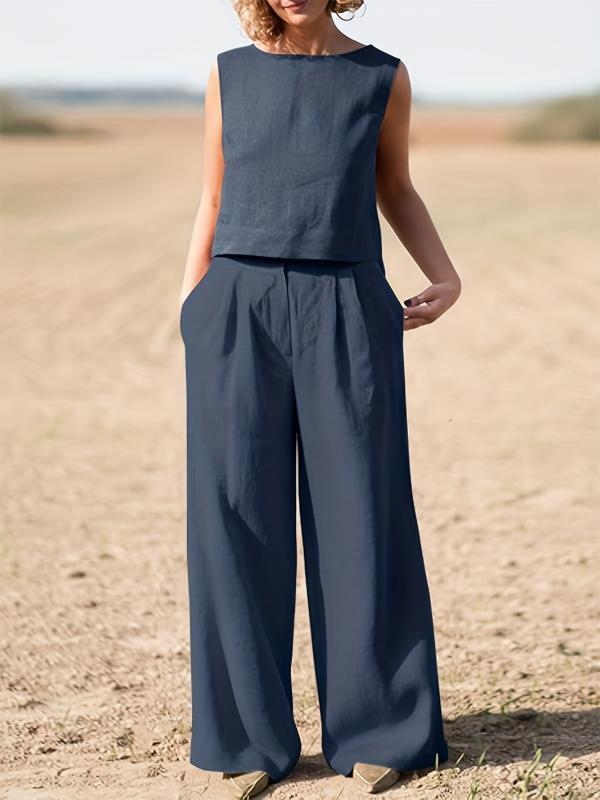 Crew Neck Sleeveless Tank Top & High Waist Wide Leg Pants Outfits