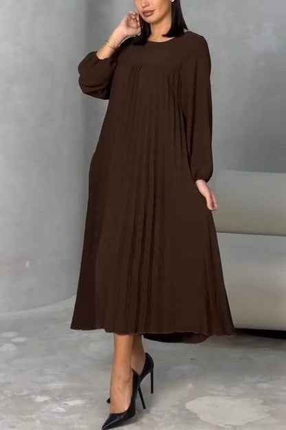 Women's Casual Round Neck Pleated Long Sleeve Dress