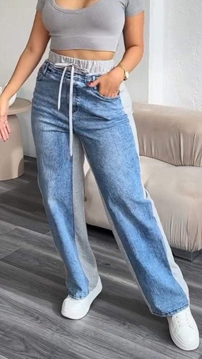 Women's Denim Patchwork Casual Lace-up Trousers