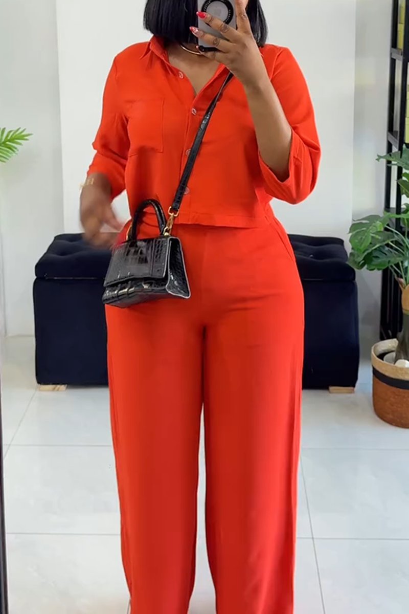 Women's Casual POLO Collar Long-sleeved Top Wide-leg Pants Suit