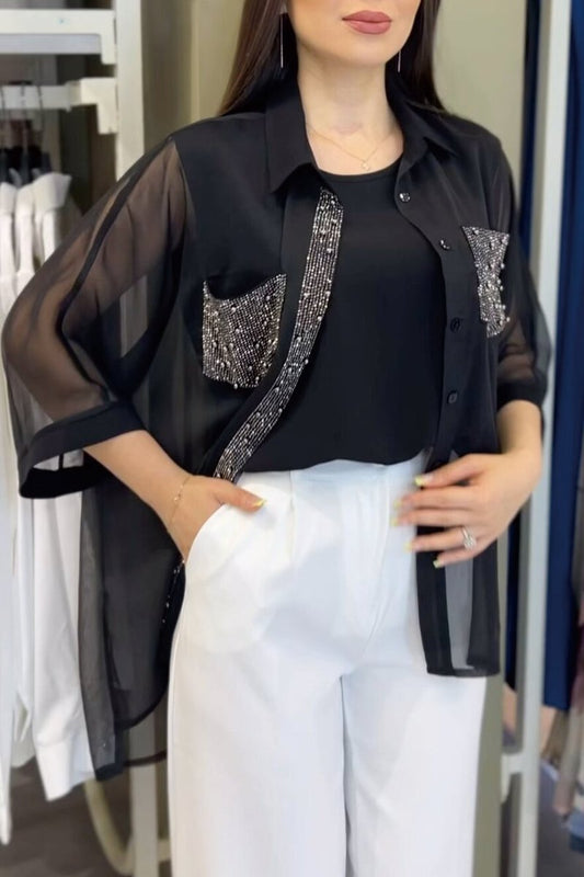 Women's sequined chiffon shirt