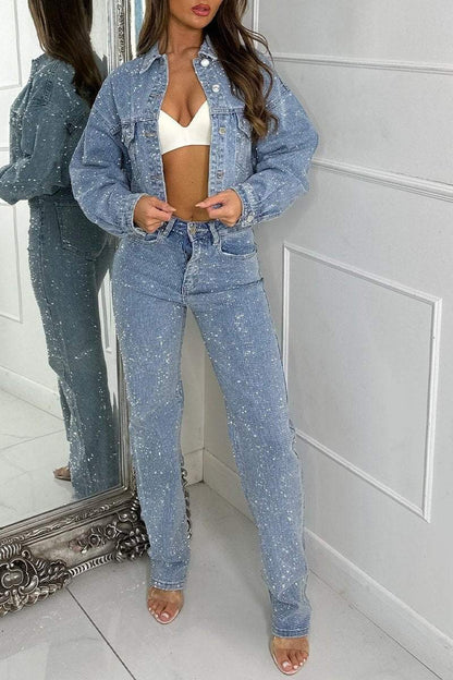 Women's Lapel Rhinestone Shiny Casual Denim Suit