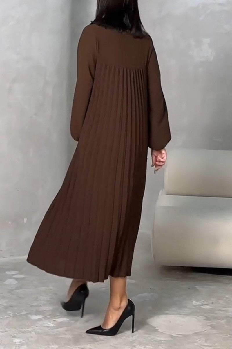 Women's Casual Round Neck Pleated Long Sleeve Dress